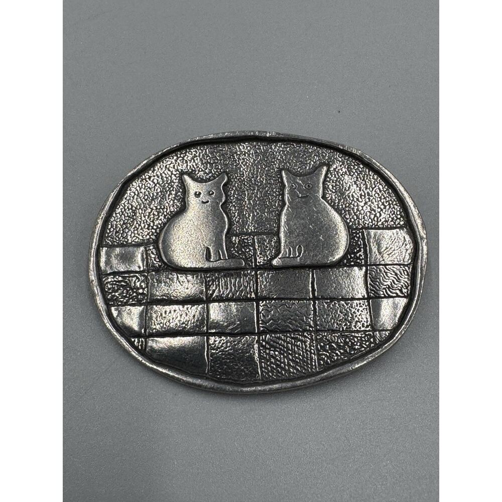 Vtg Two Cats Sitting On Wall M.A.F.A Danforth Pewter Silver Whimsical Brooch
